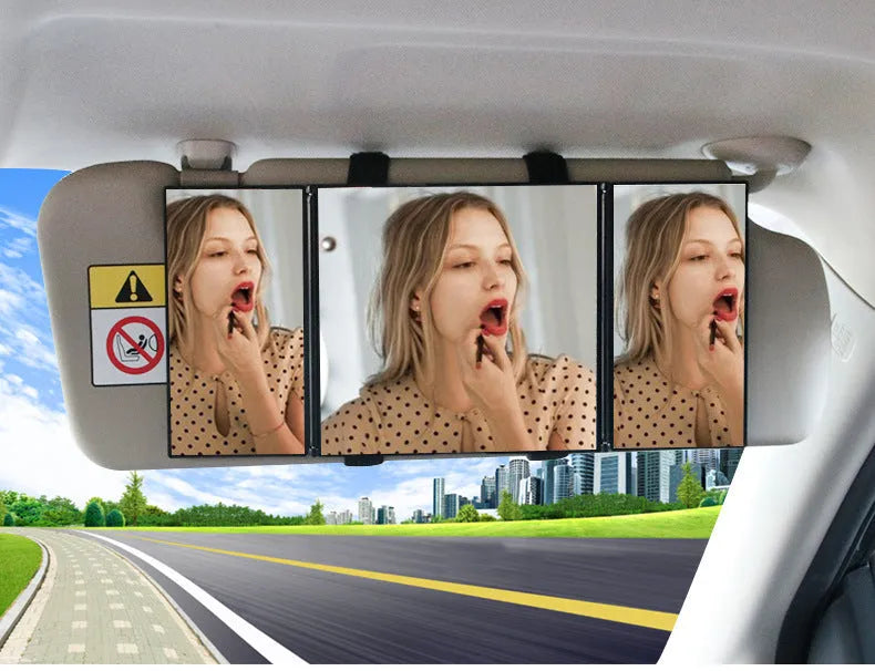 Silver car folding makeup mirror shown both closed and opened to show size difference
