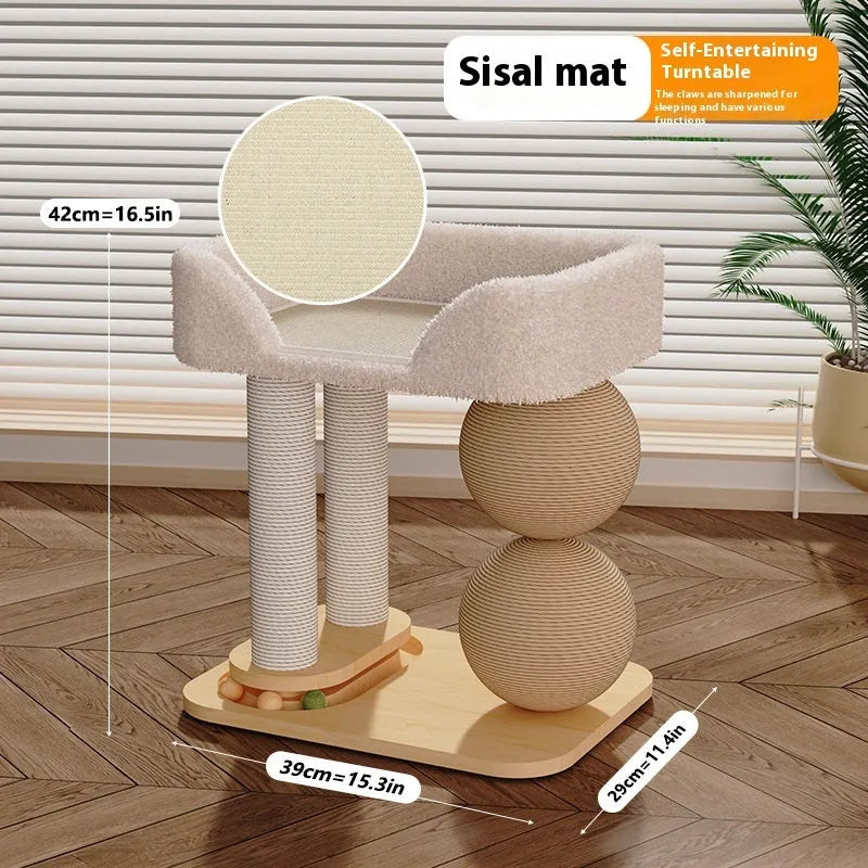 Pine wood cat scratching nest with sisal posts and raised sleeping platform in dual-column design
