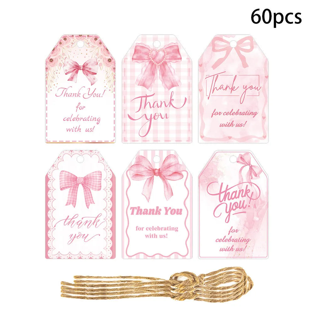 Three design styles of bowknot birthday gift tags with natural hemp rope ties