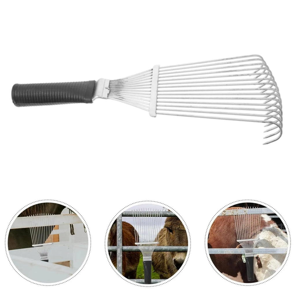 Black stainless steel pet grooming rake measuring 33cm for horses cattle dogs