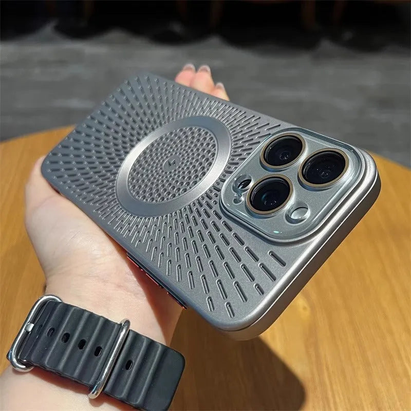 PC phone case with breathable heat dissipation hollow design in platinum black for iPhone 13