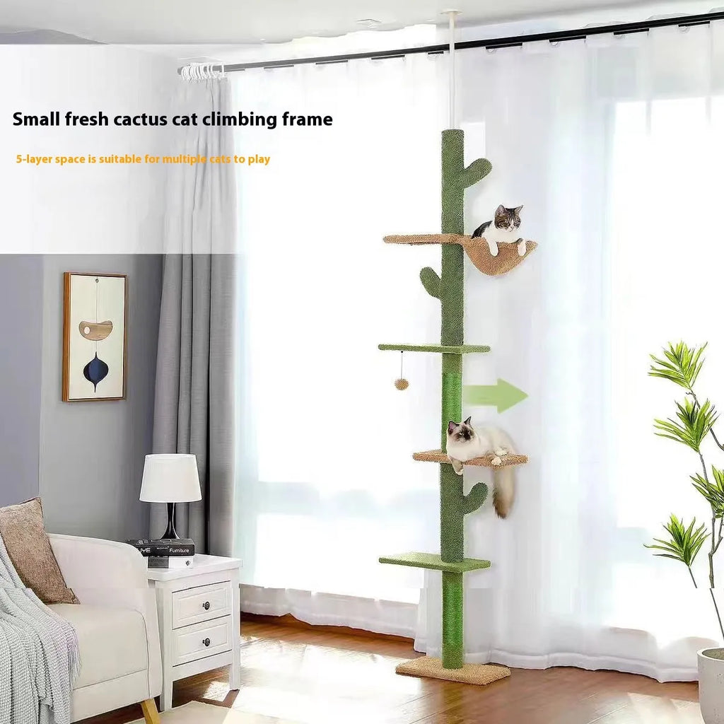 Solid wood cat climbing frame with integrated cactus cat nest and scratch board measuring 240-260cm tall