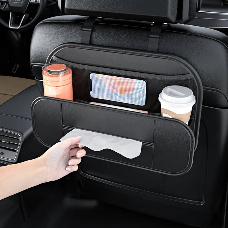Black leather car seat back storage organiser with adjustable compartments