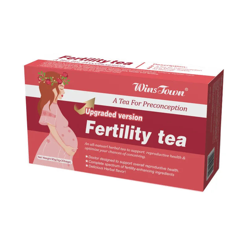 Box of fertility tea showing 3x30 bag pack configuration for herbal reproductive wellness support