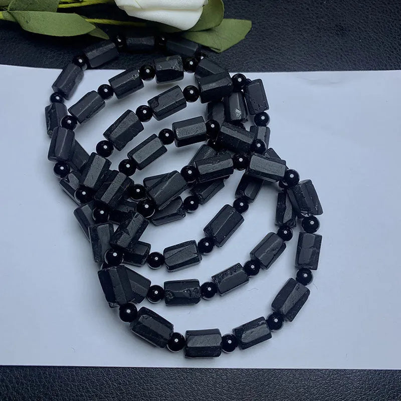 Natural black tourmaline rough stone unisex bracelet, 10mm size with Seiko processed beads.