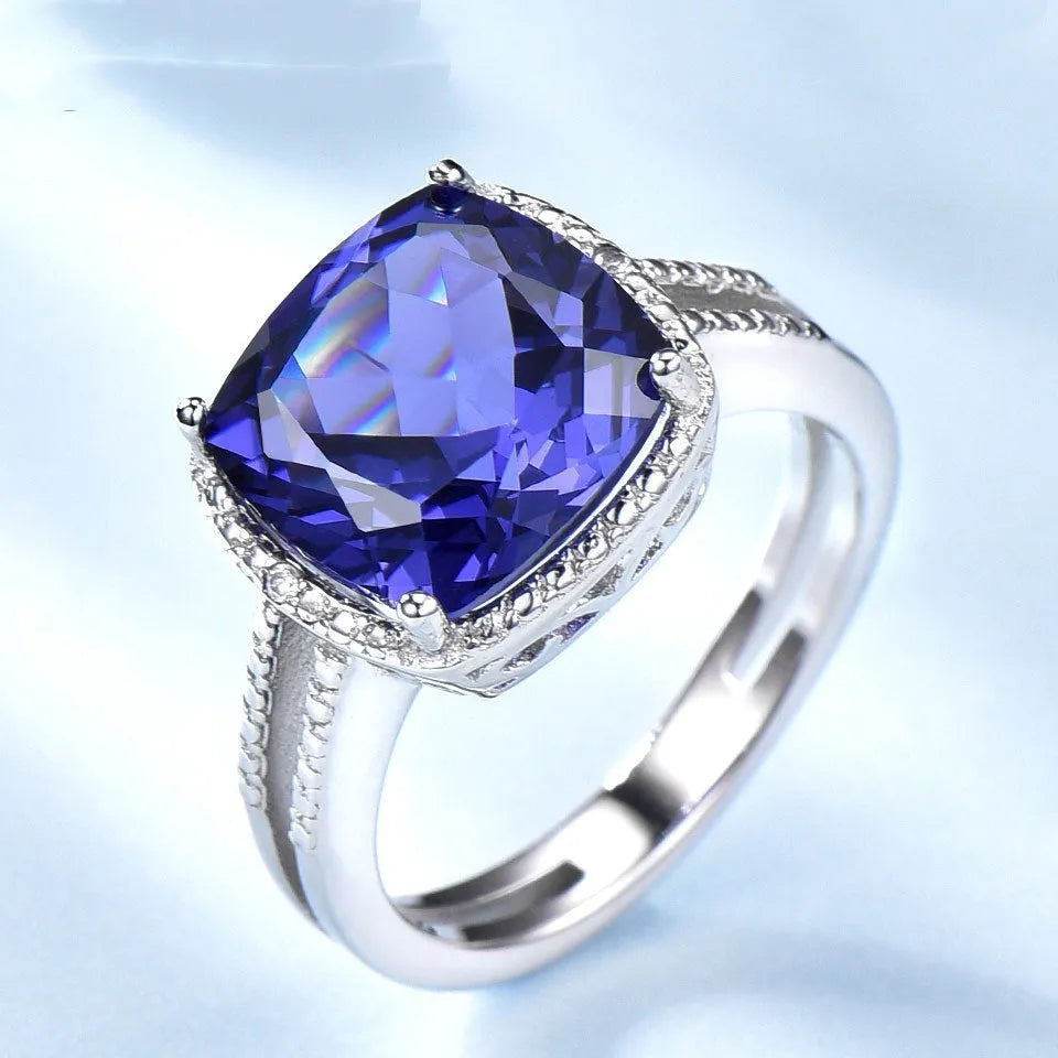 Blue tanzanite gemstone ring in sterling silver, UK sizes 6-10