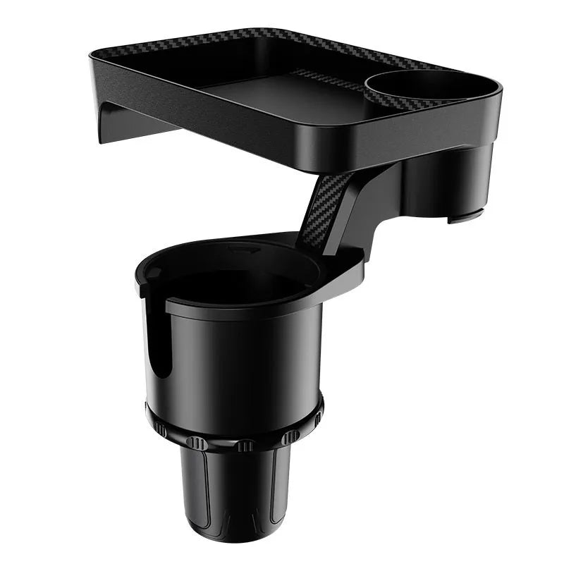 Black ABS plastic car-mounted rotating dinner tray holder showing 360-degree adjustment mechanism
