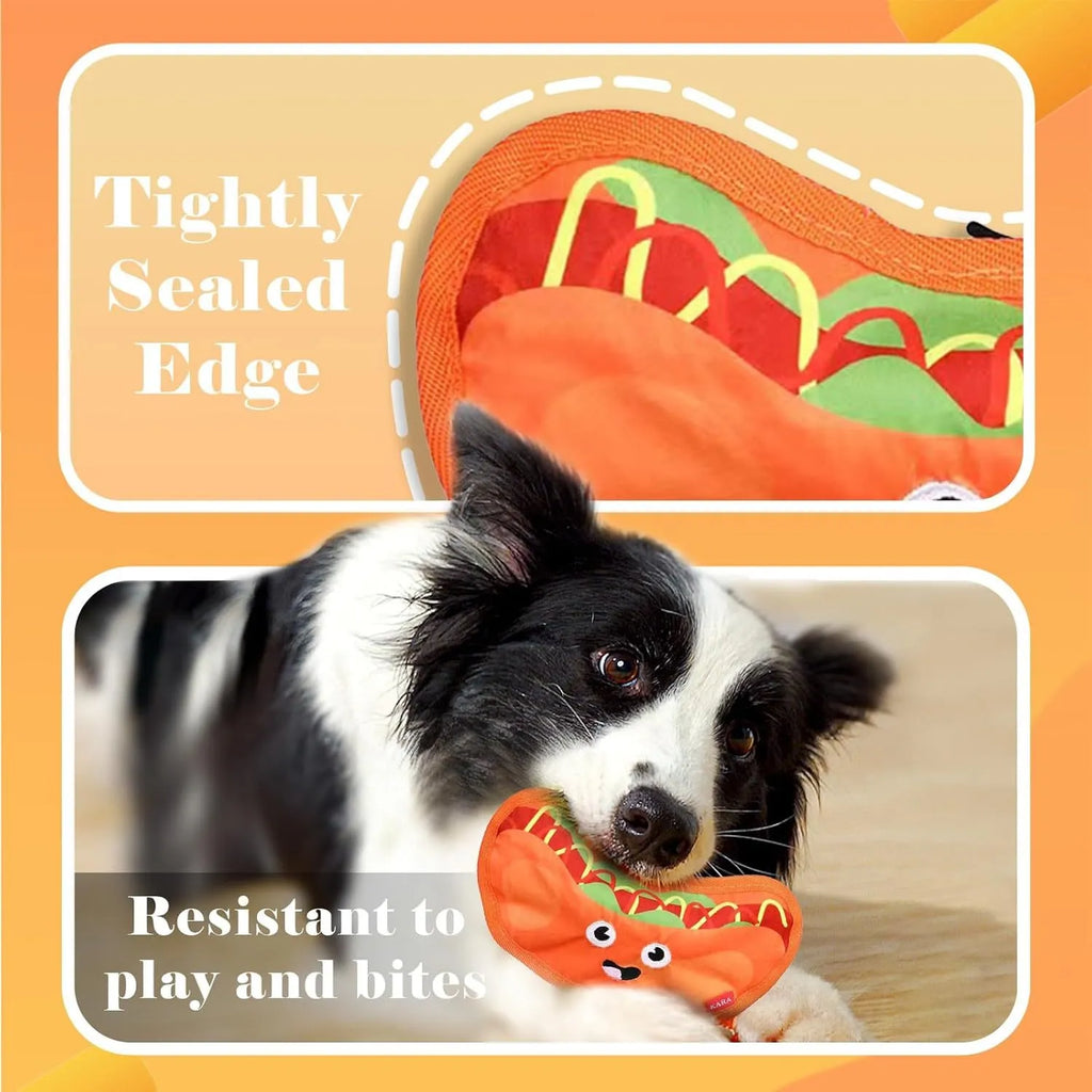 Dual sound crinkle dog chew toy in food shape design with vivid colours for interactive play