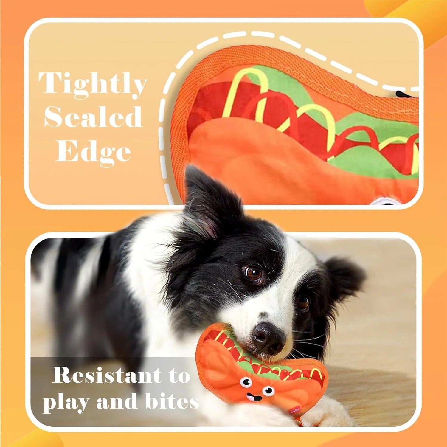 Dual sound crinkle dog chew toy in food shape design with vivid colours for interactive play