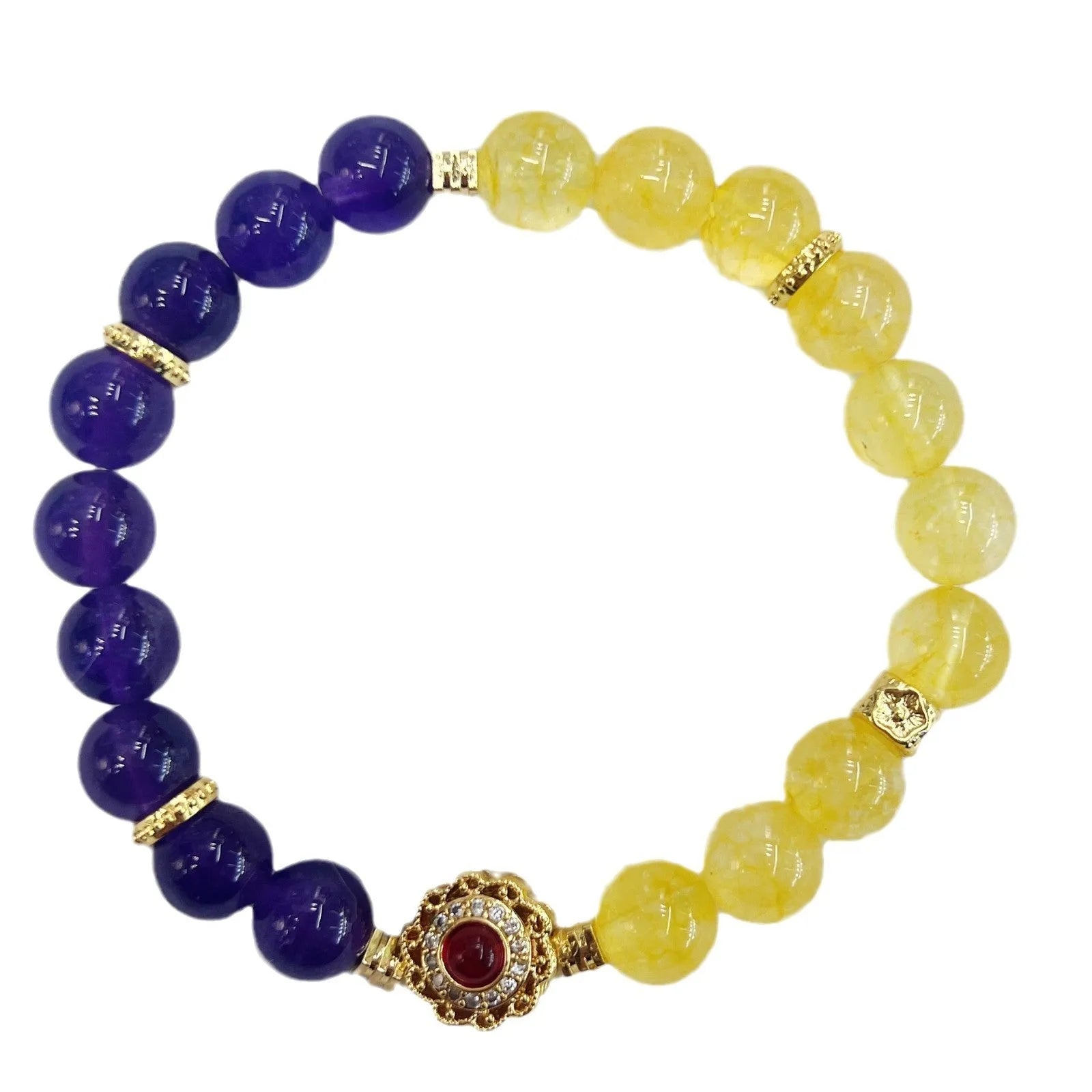 Handmade yellow and purple crystal bracelet with amethyst accents for women