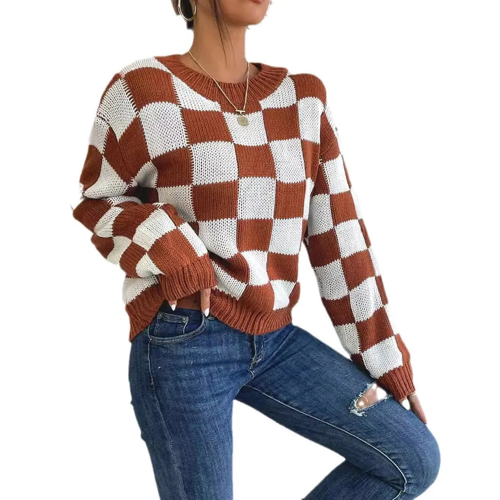 Dark brown plaid acrylic pullover sweater with loose round neck and long sleeves in Japanese casual style
