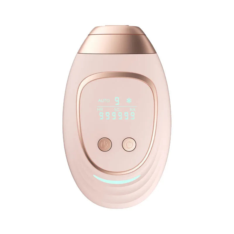 Pink and white laser hair removal device with ice cooling technology and accessories