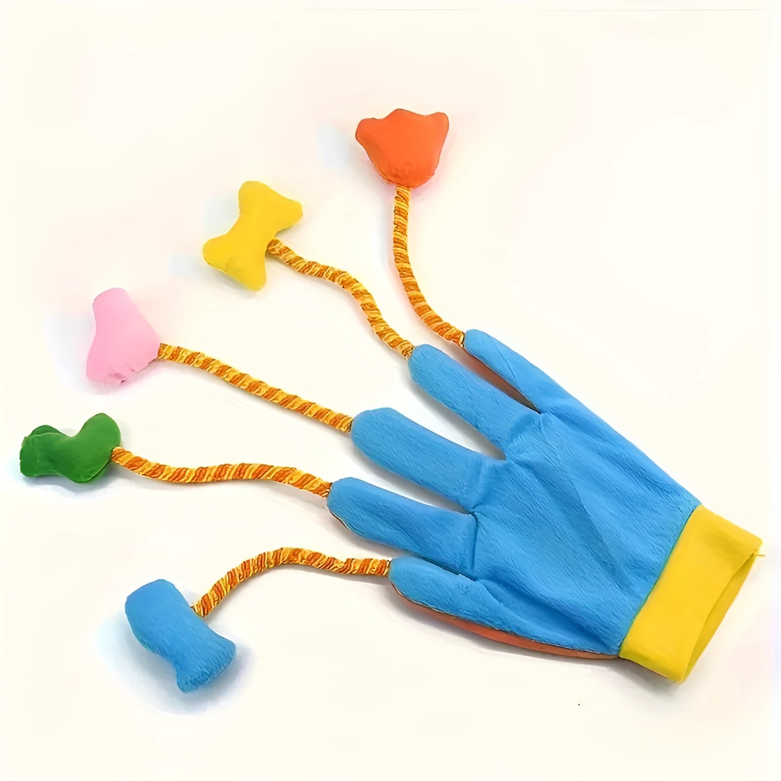 Yellow and blue plush pet toy with glove design, integrated bell, and trailer measuring 40×11 cm