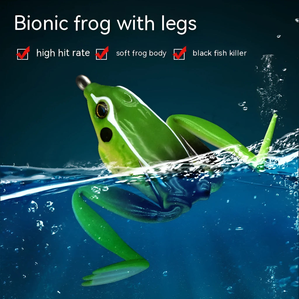 Bionic frog fishing lure with realistic snake head design and double hooks in grass green colour