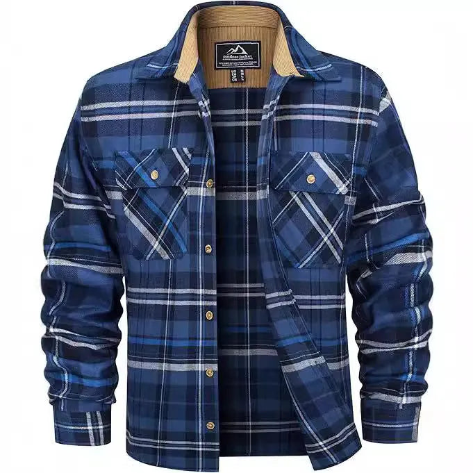 Men's plaid flannel button shirt in cardigan style showing colour options