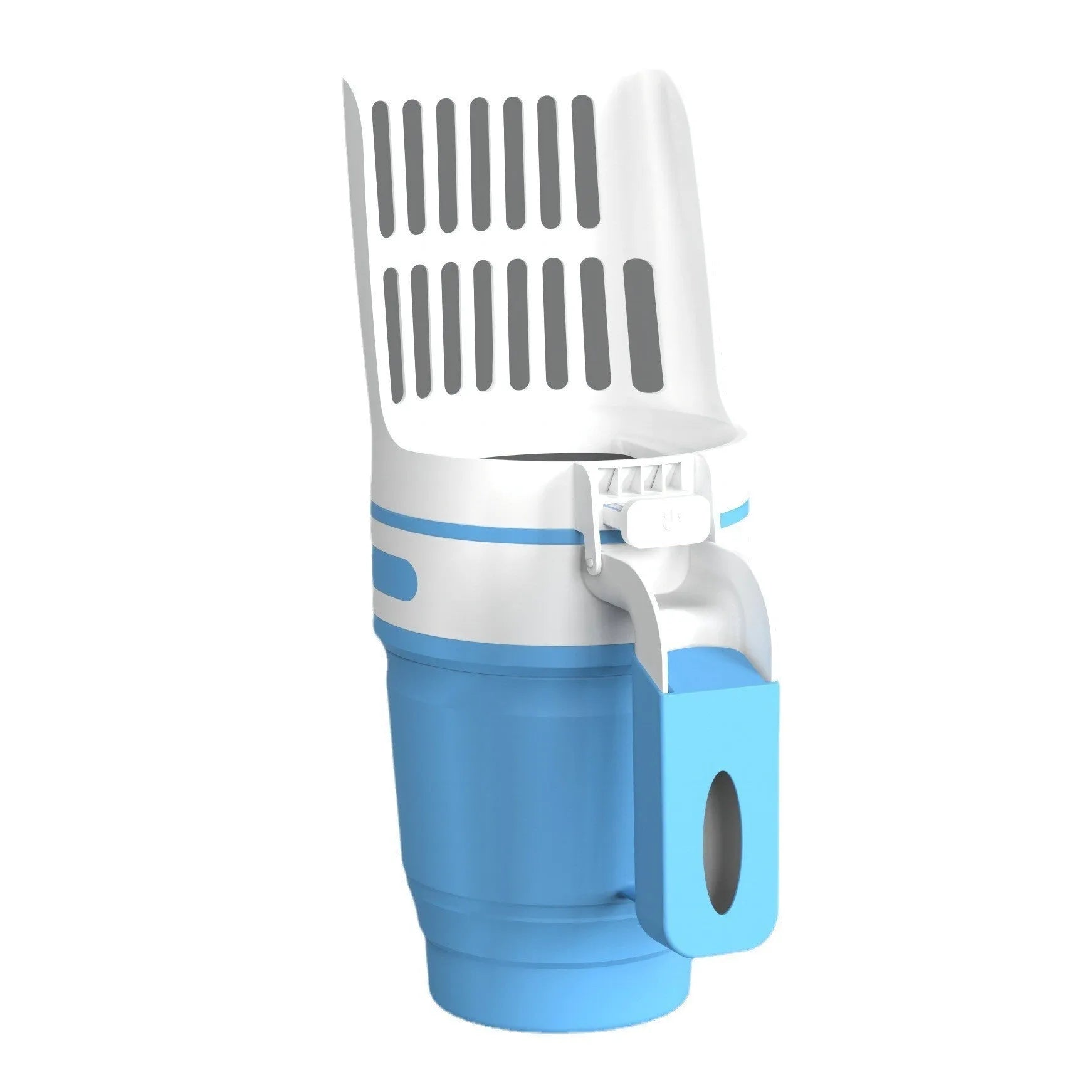Grey foldable cat litter scoop with built-in waste bin and refill bags for cats and dogs.