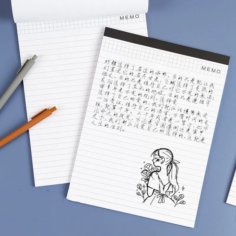 A4 tear-off meeting minutes notebook with wireless adhesive binding showing ivory white grid pages