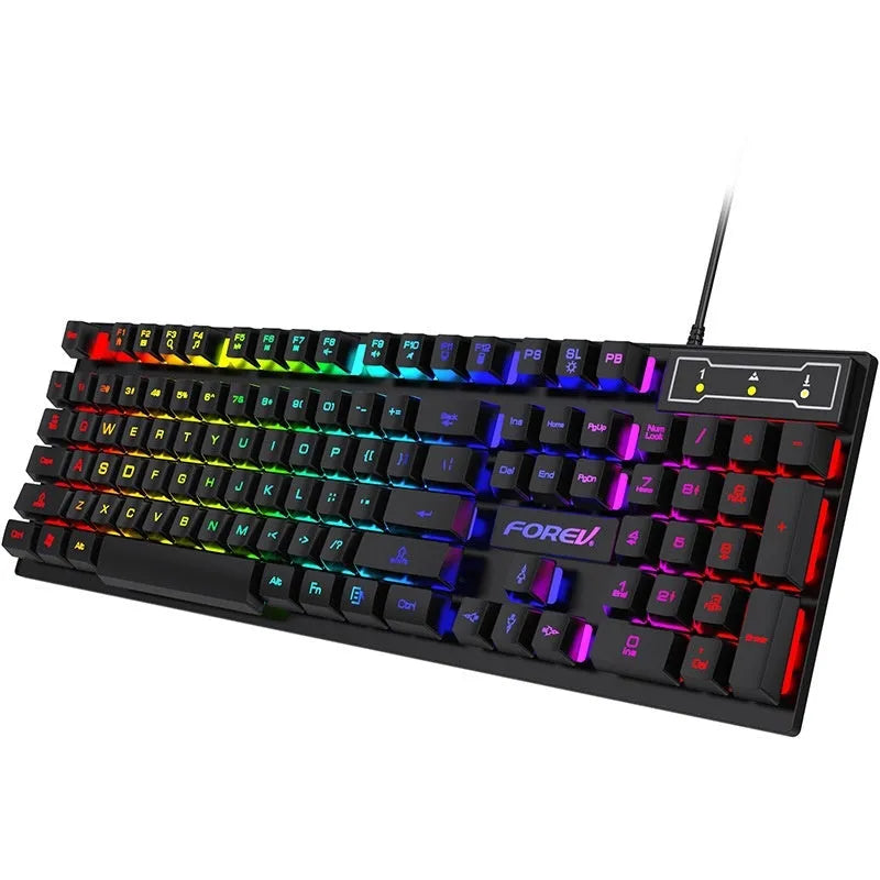 Black 104-key gaming keyboard with backlight and gaming mouse bundle on desktop