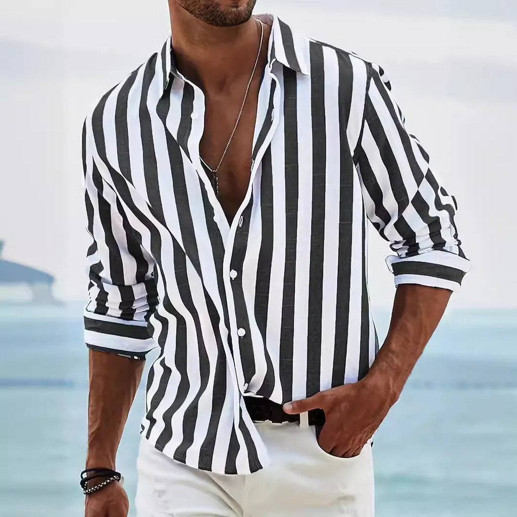 Men's loose-fitting striped long-sleeved shirt in British style cardigan cut with yarn-dyed pattern