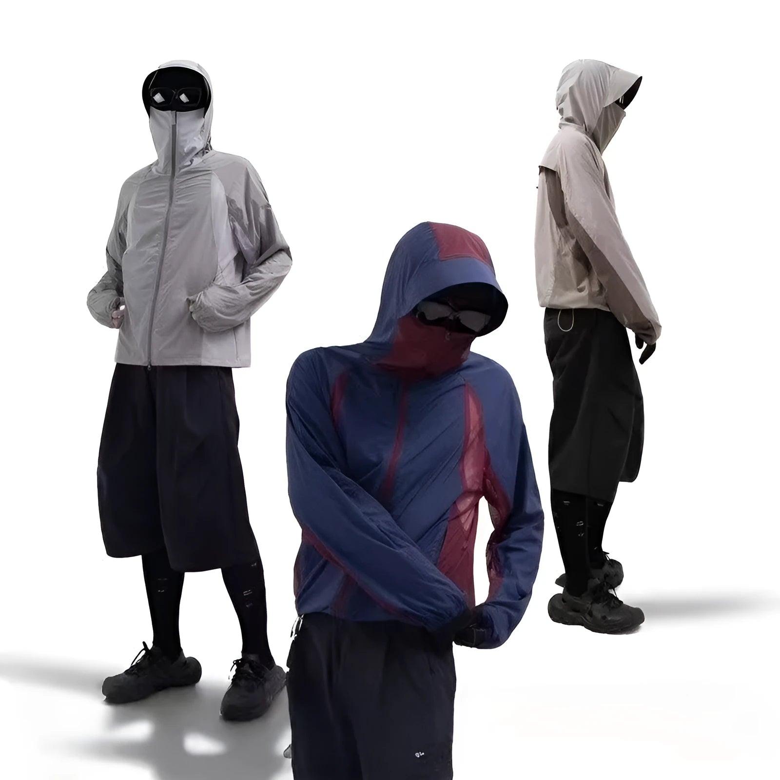 Nylon sun protective clothes with mesh stitching in desert brown, light grey, red, and blue colours.