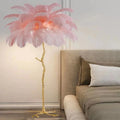 Tall decorative floor lamp with many resin feathers in choice of dark green, pink or white colour
