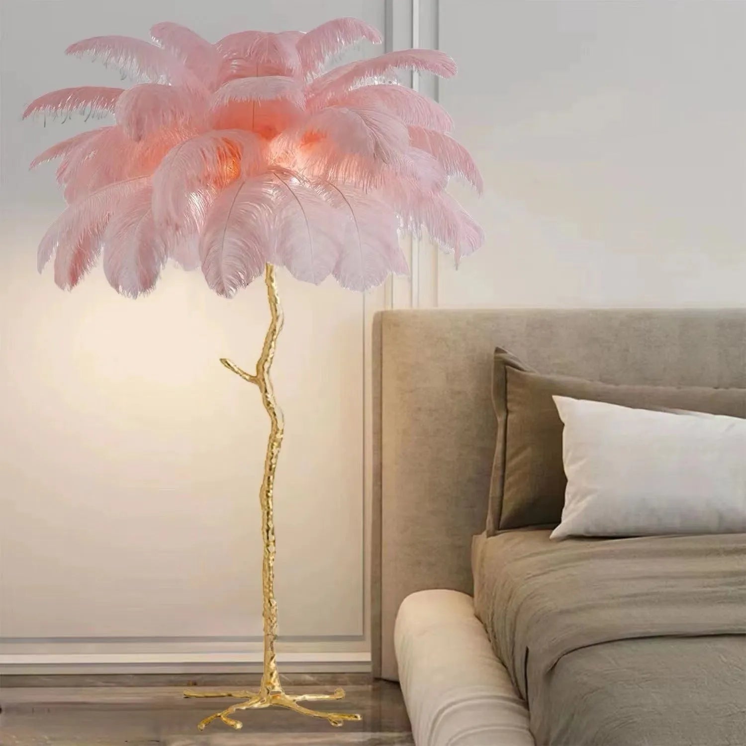 Tall decorative floor lamp with many resin feathers in choice of dark green, pink or white colour