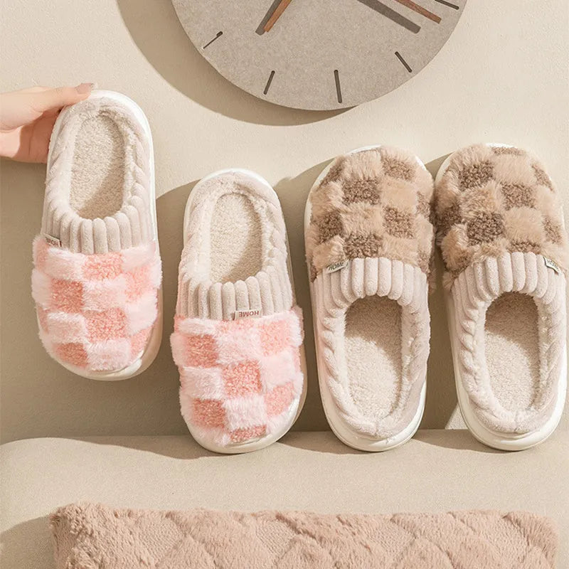Women's plush coral velvet indoor slippers with a non-slip PVC sole, shown in various colours.