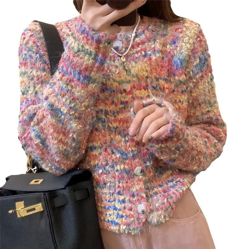 Pink and green rainbow pattern women's cardigan sweater with toothbrush hair fabric texture
