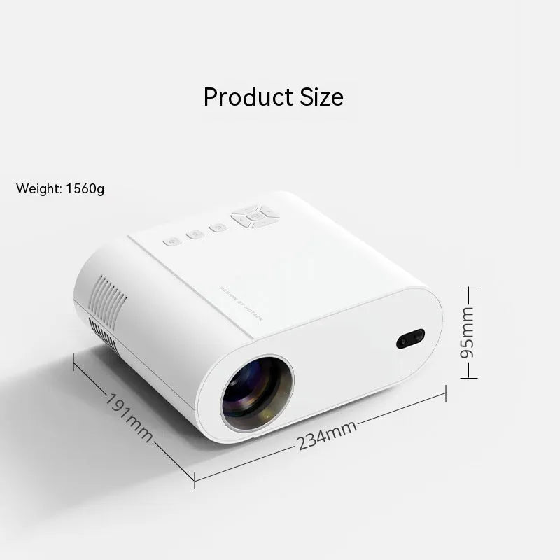 White T07 Full HD smart projector with remote control on a table.