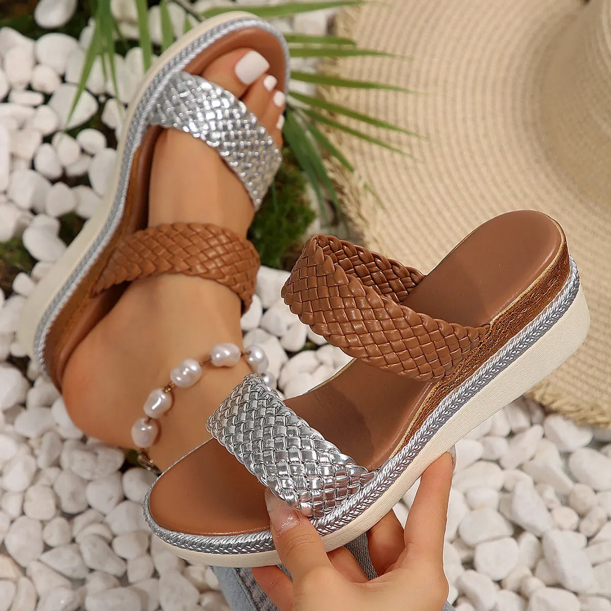 Women's metallic gold wedge sandals with adjustable strap and rubber wedge sole