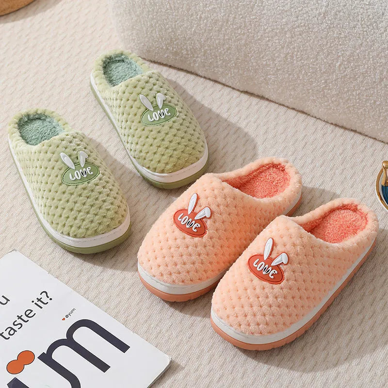Women's rabbit plaid pattern house slippers with artificial fur upper and non-slip rubber soles