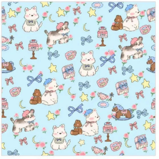 Cartoon printed cat design nylon cosmetic bag shown in large, medium, and small sizes with Blue Puppy print.