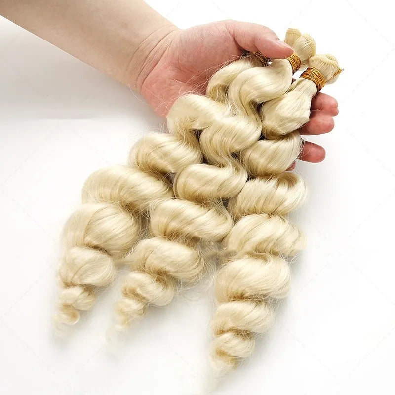 Golden synthetic hair weft wig for women shown in 18 inch, 20 inch and 22 inch length options.