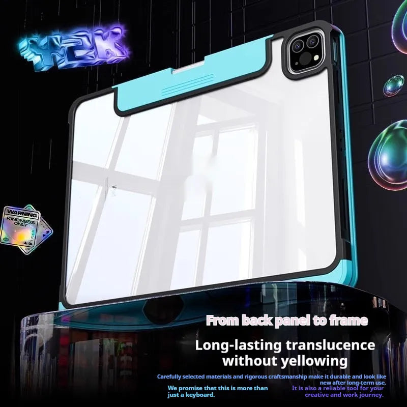 Blue detachable keyboard protective case for Apple iPad Pro 13 inch tablet with stylus holder slot.