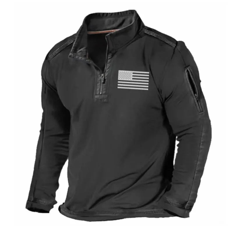 Men's dark coloured zip-up stand collar long sleeve sweater on a white background