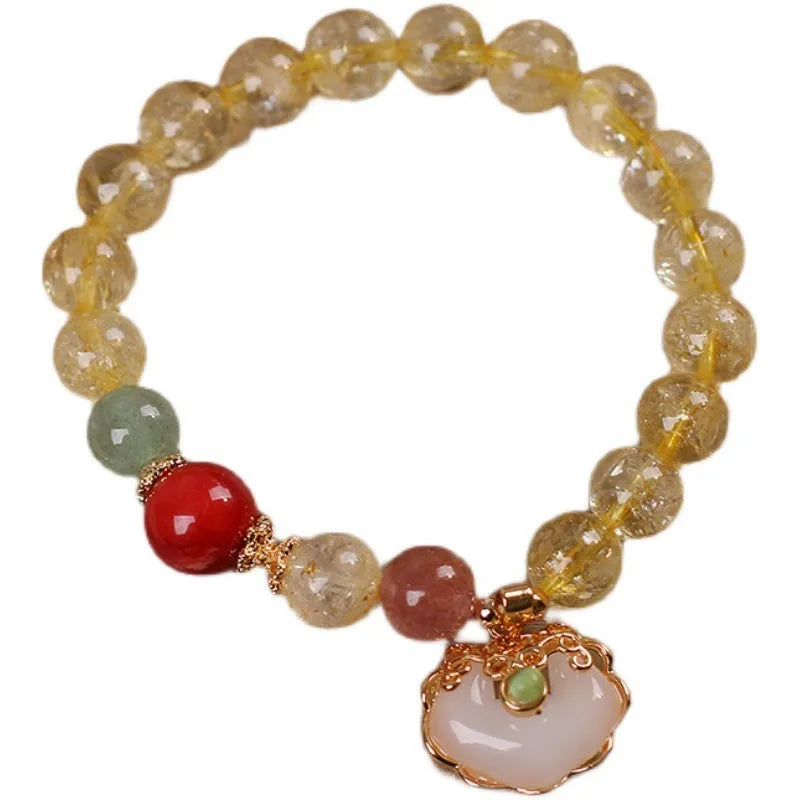 Women's bracelet with natural citrine jade ruyi pendant in yellow hair crystal on alloy chain