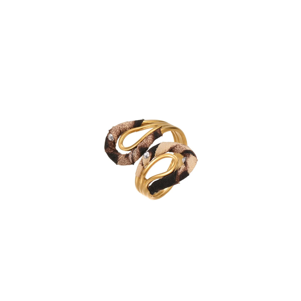 Leopard Series open mouth ring showing geometric asymmetric design with leopard print pattern on stainless steel