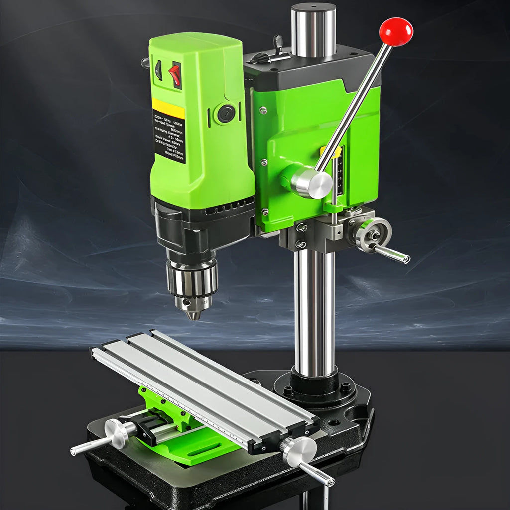 Mini bench drill and milling machine with included 1050W drill and metal bench pliers on a workbench.