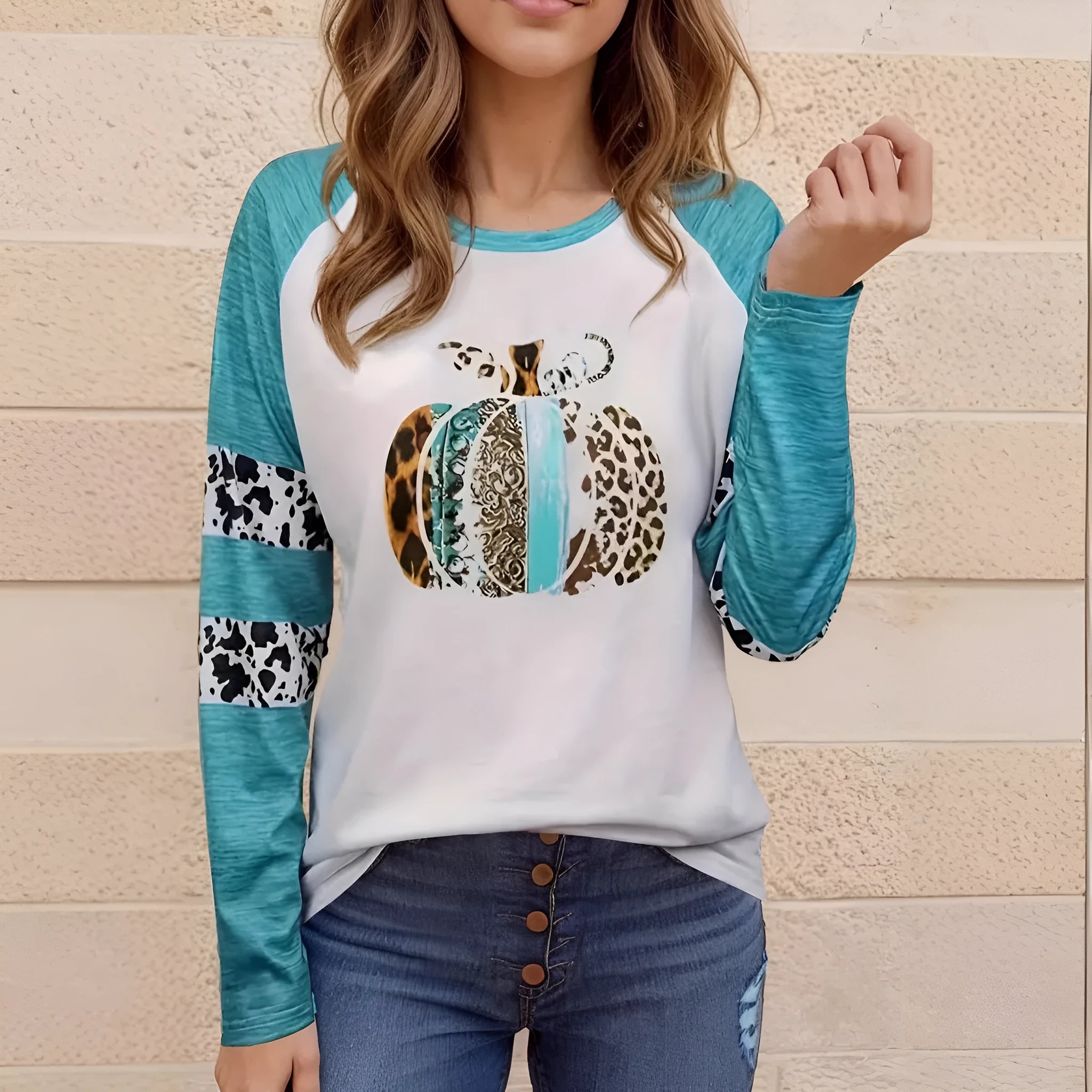 White Halloween t-shirt with 3D pumpkin print and sky blue colour in Japanese Korean casual style