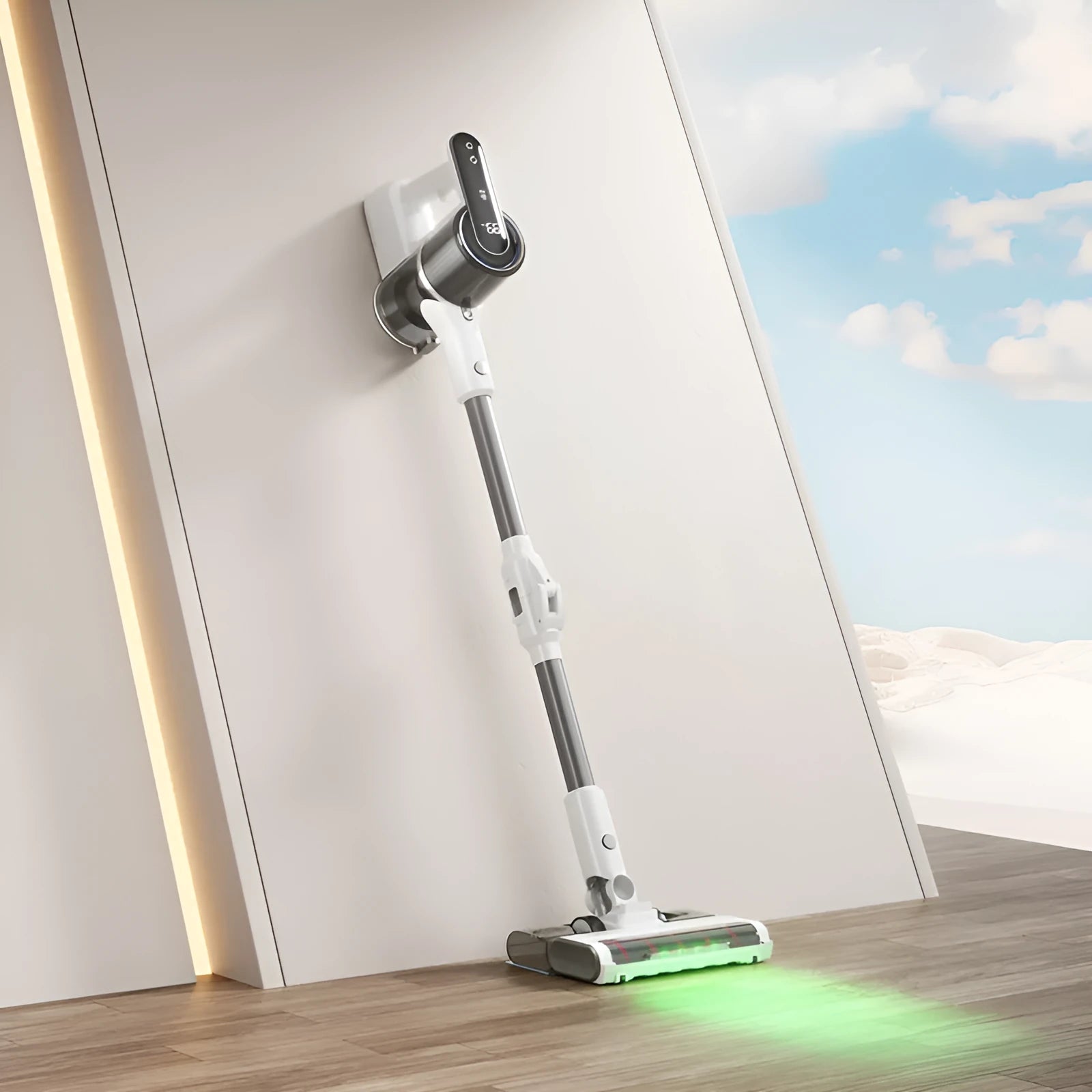 Light gray folding tube handheld vacuum cleaner with USB power and lighting function