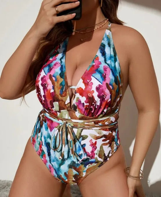 Blue and purple halterneck one-piece swimsuit for adult women in sizes M to 3XL