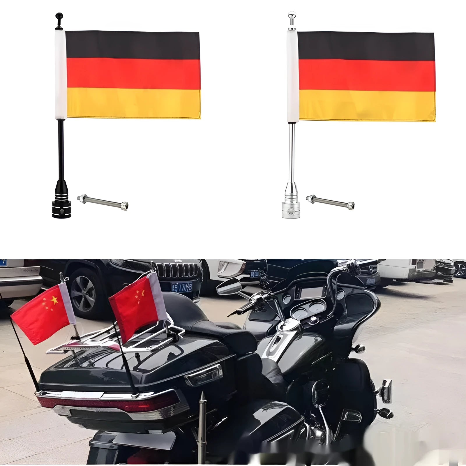 Tail Box motorcycle flagpole for side box mounting in black or silver finish