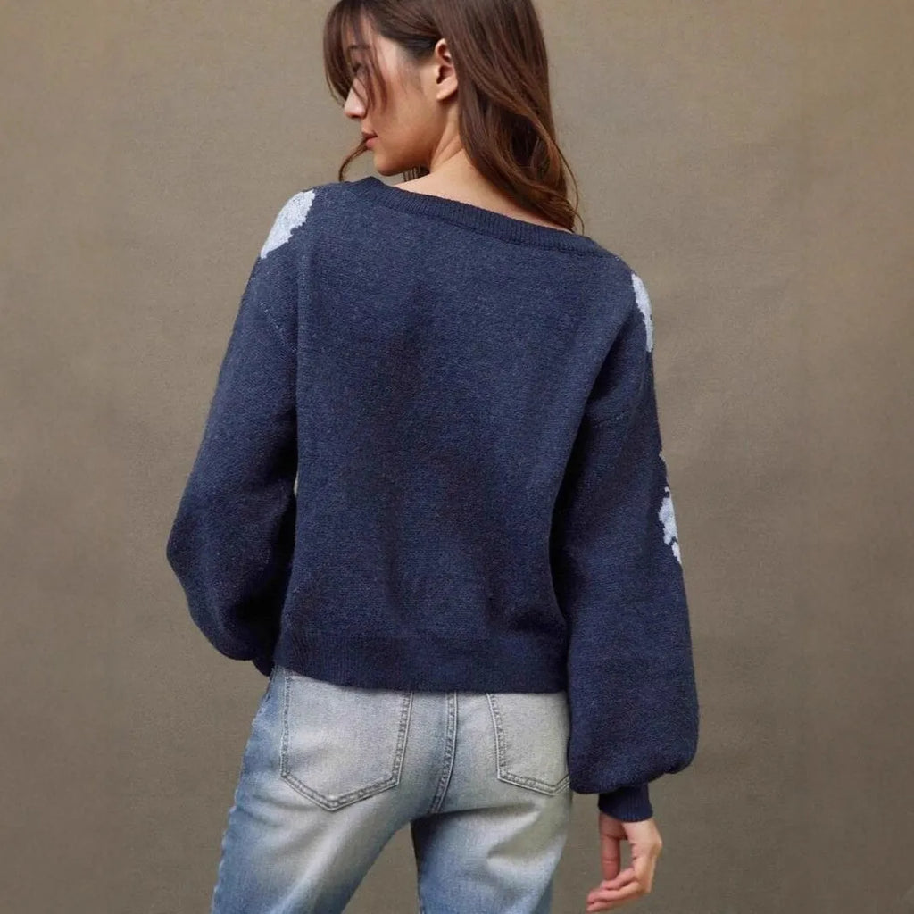 Sapphire Blue women's pullover with off-neck design and floral jacquard pattern in loose street style