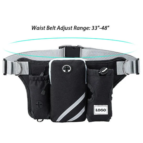 Black nylon outdoor pet training bag set with waist bag, dog leash, and collar components