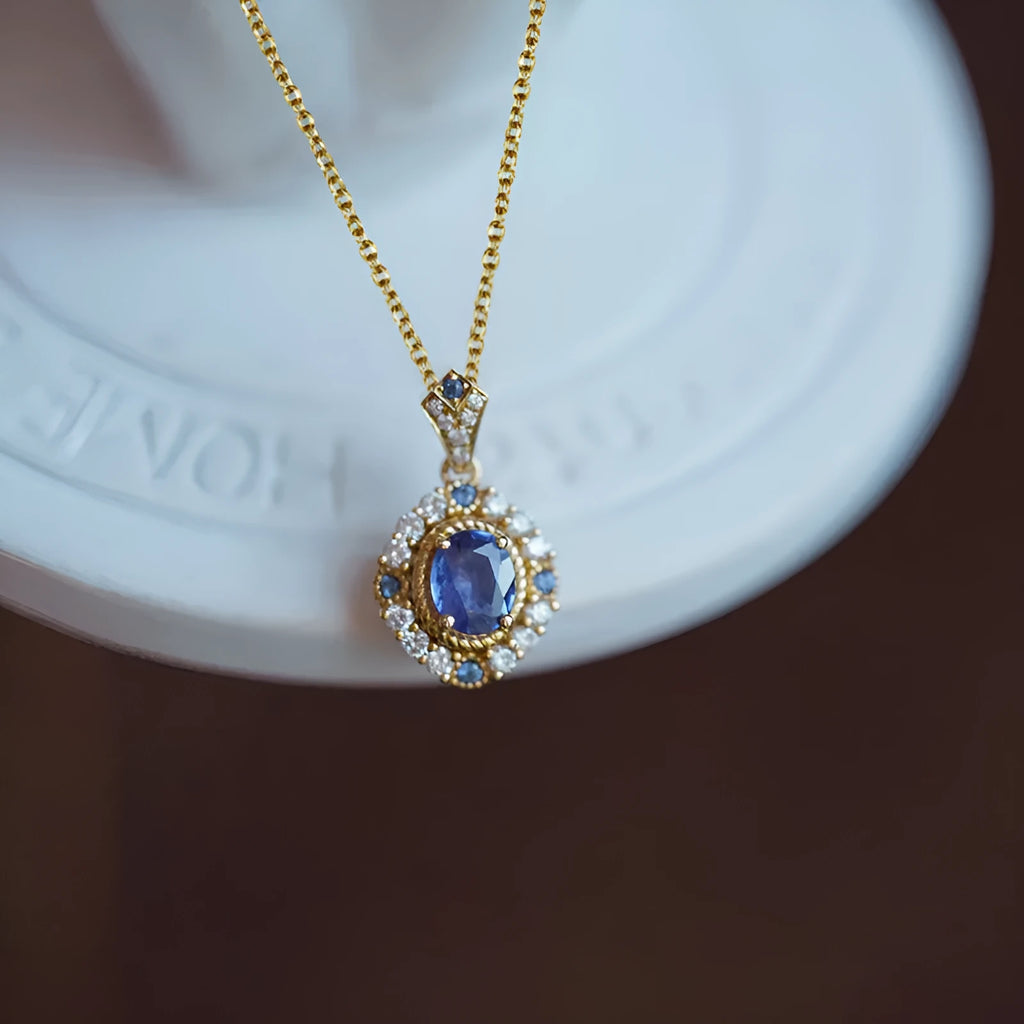Women's yellow gold copper necklace with mixed gem pendant on box chain, adjustable 21-50cm length
