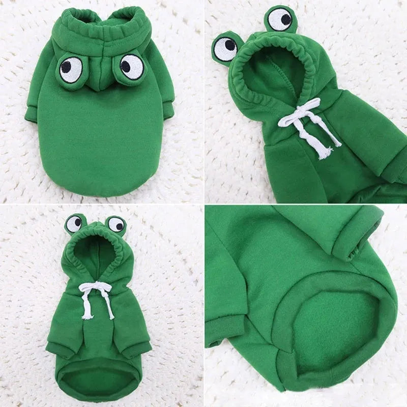 Green frog costume hoodie for small dog with hood and fleece material showing chest girth measurement