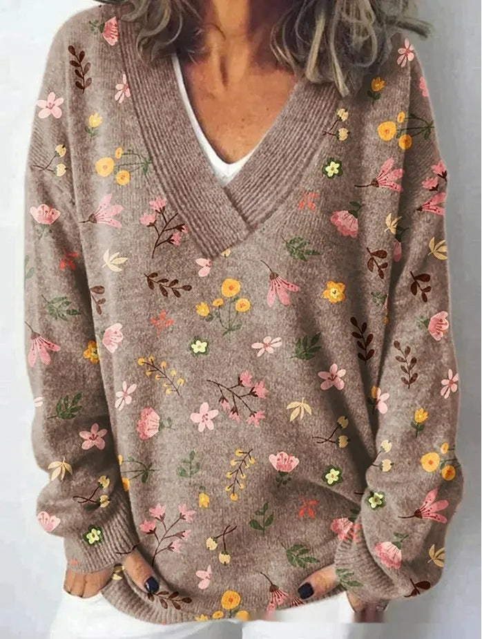 Women's V-neck sweatshirt with 3D floral printed pattern in art retro style