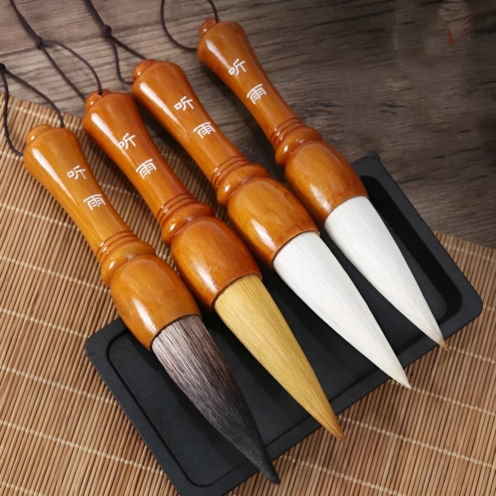Large traditional Chinese calligraphy brush with sheep hair bristles for ink painting, shown in transparent bag.