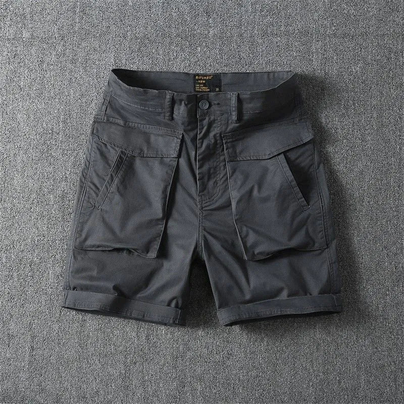 Men's cotton cargo shorts in army green with multiple pockets and straight-leg cut.