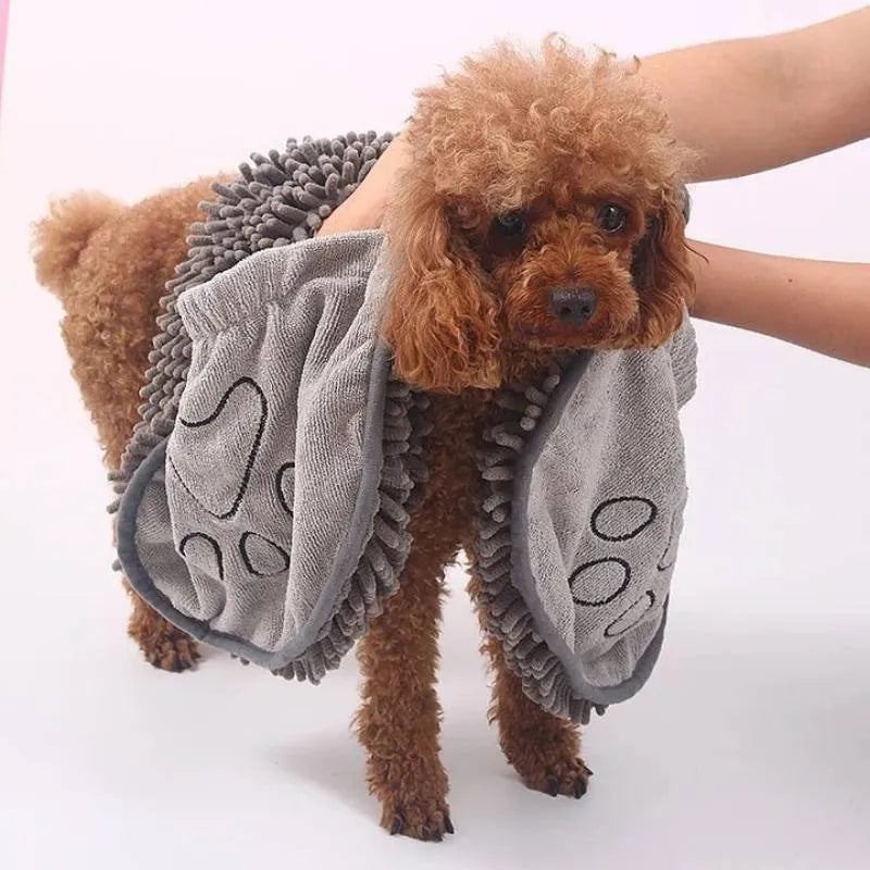 Blue pet bath robe towel with absorbent quick-dry fibre, shown at 62 cm by 23 cm size.